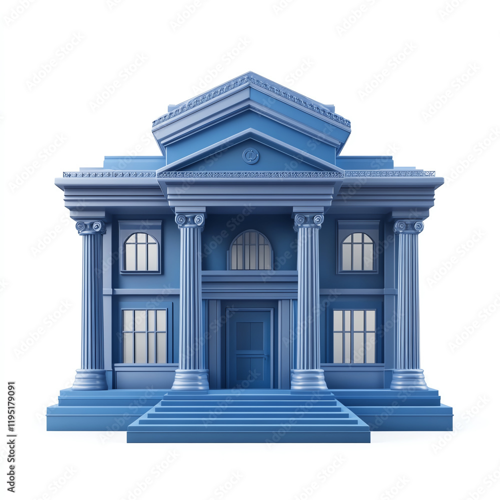 Poster a striking blue building showcasing classical architecture with grand columns and arched windows, sy