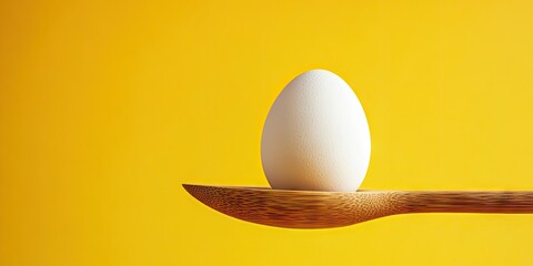 White Easter egg resting on a wooden spoon centered in the foreground with a vibrant yellow background providing a cheerful spring atmosphere