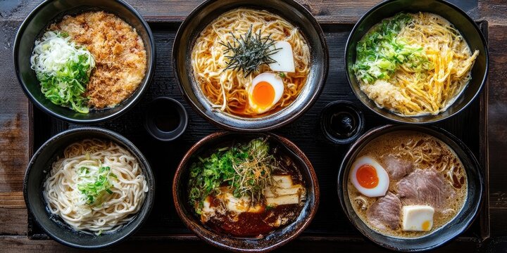 Variety of Japanese noodle dishes served in black bowls with vibrant toppings placed on a dark wooden tray, featuring kishimen and ramen options