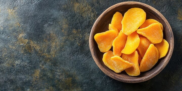 Dried mango slices in a wooden bowl on a dark textured background with vibrant orange-yellow pieces arranged centrally for a rustic feel