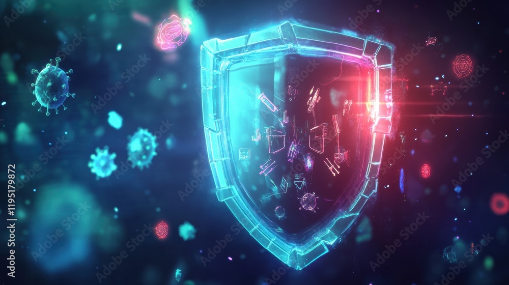 Aufkleber shield deflecting harmful microbes in a vibrant digital setting showcasing safety technology and hea