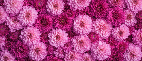 Vibrant magenta chrysanthemum flowers in full bloom creating dense floral pattern with layered petal arrangement. Generative AI flower background