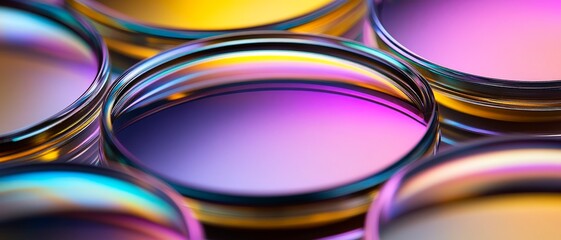 Modern eyeglass lenses with various colored coatings. Abstract composition of reflective surfaces and gradients. Generative AI background