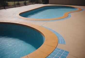 There is a spacious swimming pool situated in the backyard of a house