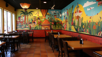 Colorful mural in restaurant with wooden tables and chairs, vibrant decor