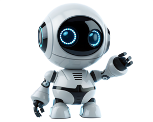 a white robot with blue eyes,  white plastic body, rounded design, friendly expression transparent background.png