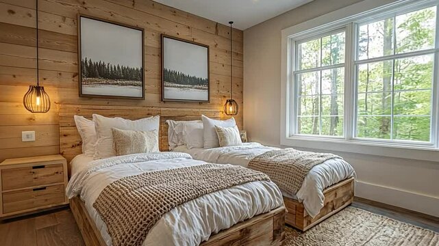 Rustic Retreat: A serene bedroom with two twin beds, wooden headboard, and large window overlooking a lush forest. The room features rustic accents like wooden wall paneling.