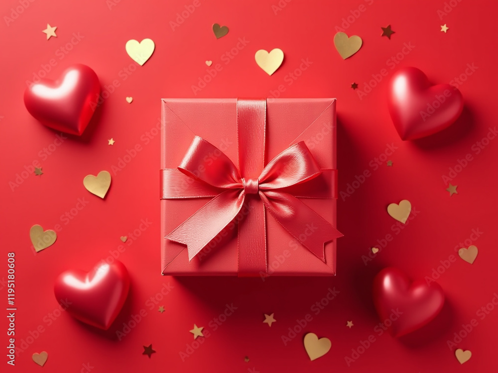 Poster a flat lay design features a gift box wrapped in satin ribbon, surrounded by golden hearts and confe