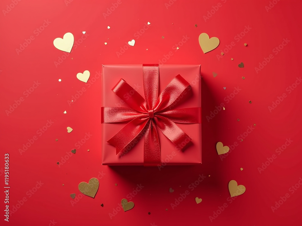Poster a flat lay design features a gift box wrapped in satin ribbon, surrounded by golden hearts and confe