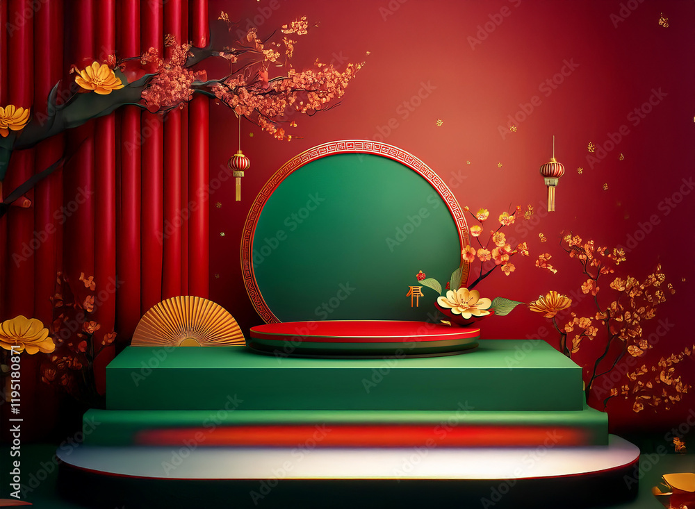 Aufkleber a festive scene with red and green tones, featuring a circular display platform adorned with cherry 