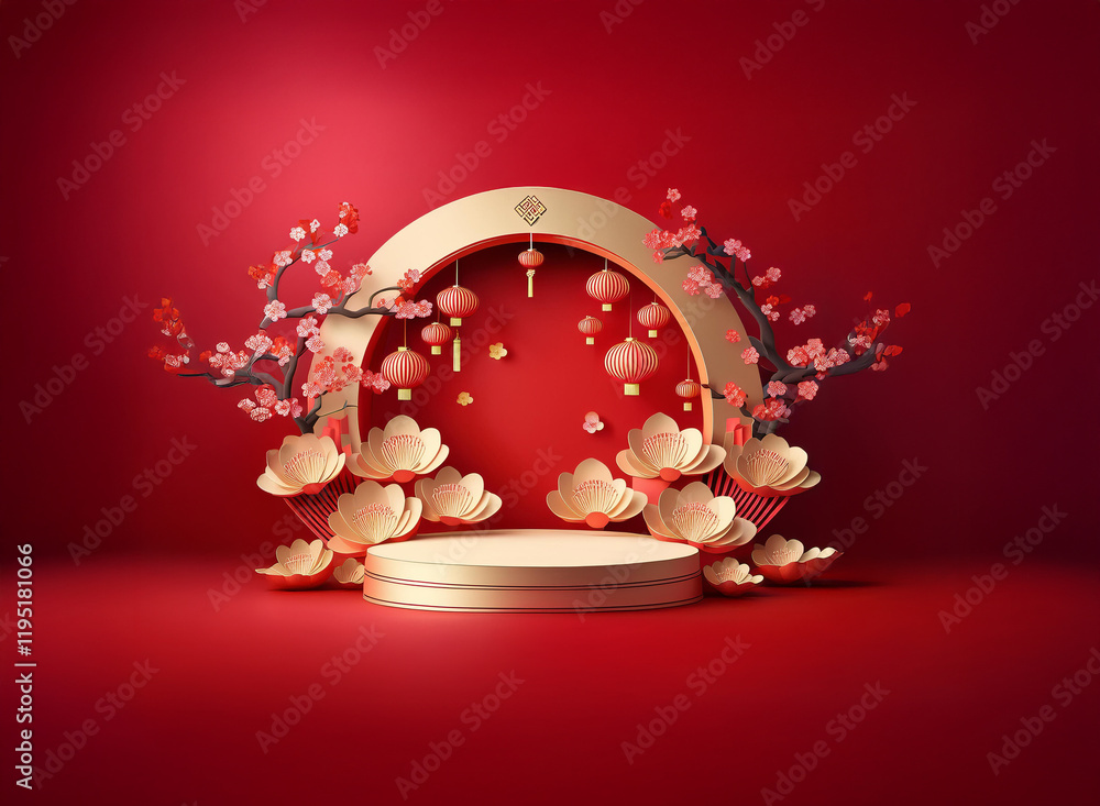 Poster elegant red and gold podium adorned with blooming plum blossoms and hanging lanterns, creating a fes