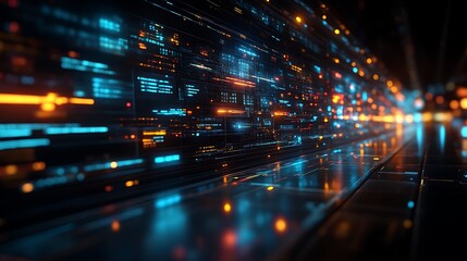 Futuristic digital data stream flowing through a dark, reflective corridor.