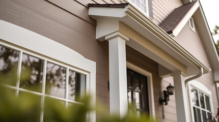 Fototapeta premium Elegant Home Exterior: Architectural Details and Design. High-quality image showcasing the beauty of residential architecture, focusing on exterior details like windows, doors, and roofing.