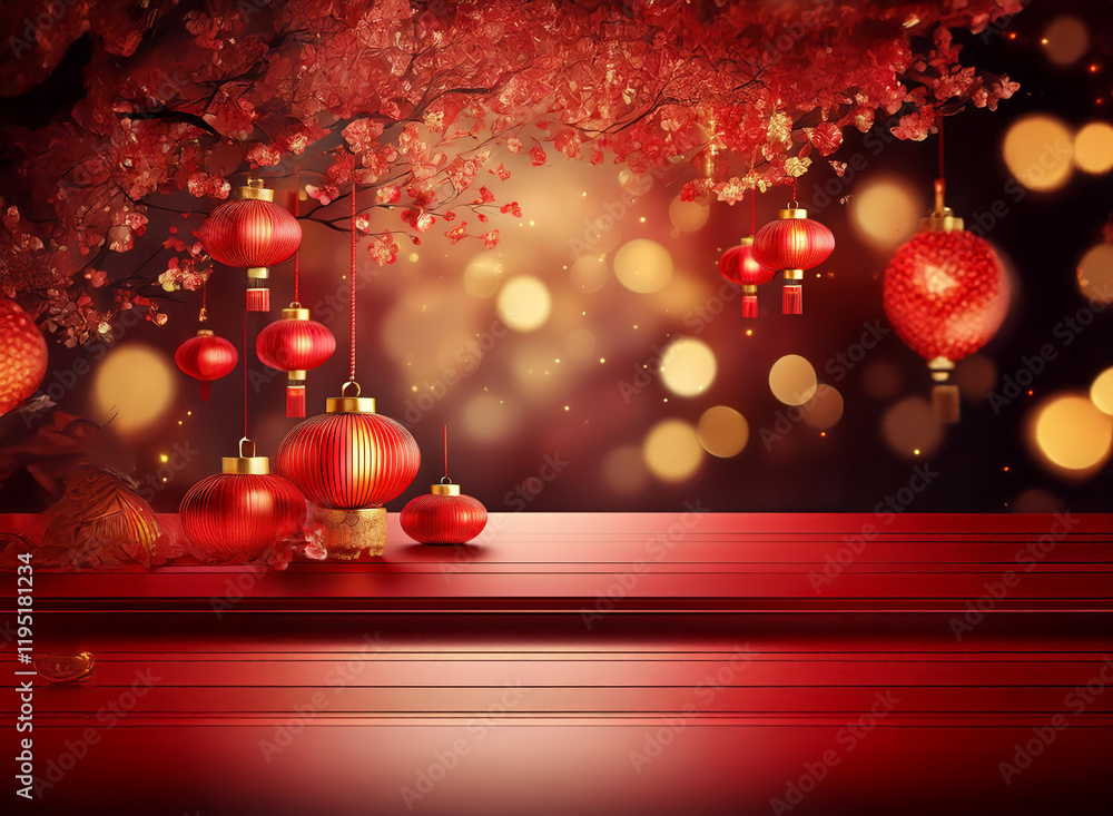 Poster red lanterns and blossoms hang above a polished red table against a bokeh background. perfect for fe