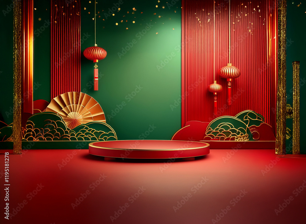 Poster elegant red and green festive backdrop with a circular podium, adorned with lanterns, firecrackers, 