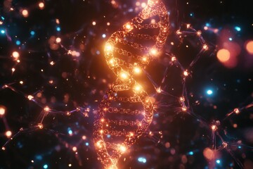 Fototapeta premium Glowing DNA double helix illuminated in a molecular environment during a scientific exploration. Generative AI