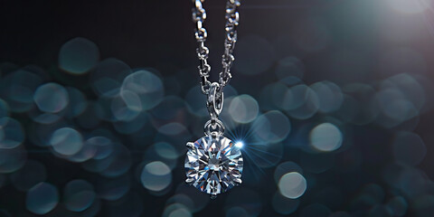 Solitaire Diamond Pendant Necklace on Bokeh Background