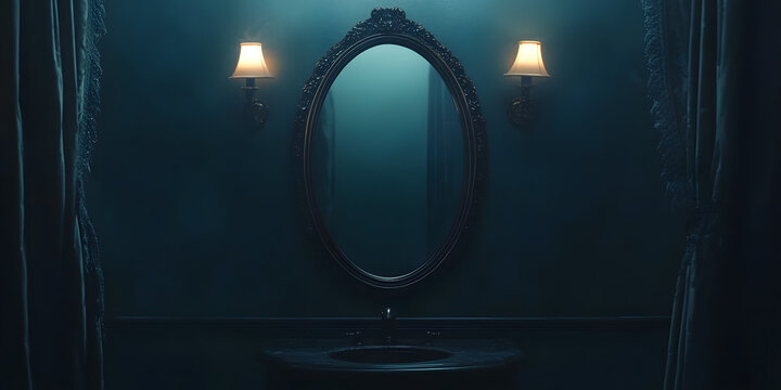 Mysterious Dark Bathroom Mirror, Gothic Decor, Vintage Lighting, Dark Decor, Horror Inspired Decor, Haunted Theme, Creepy Ambiance