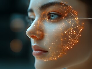 Woman's face with glowing digital network overlay.
