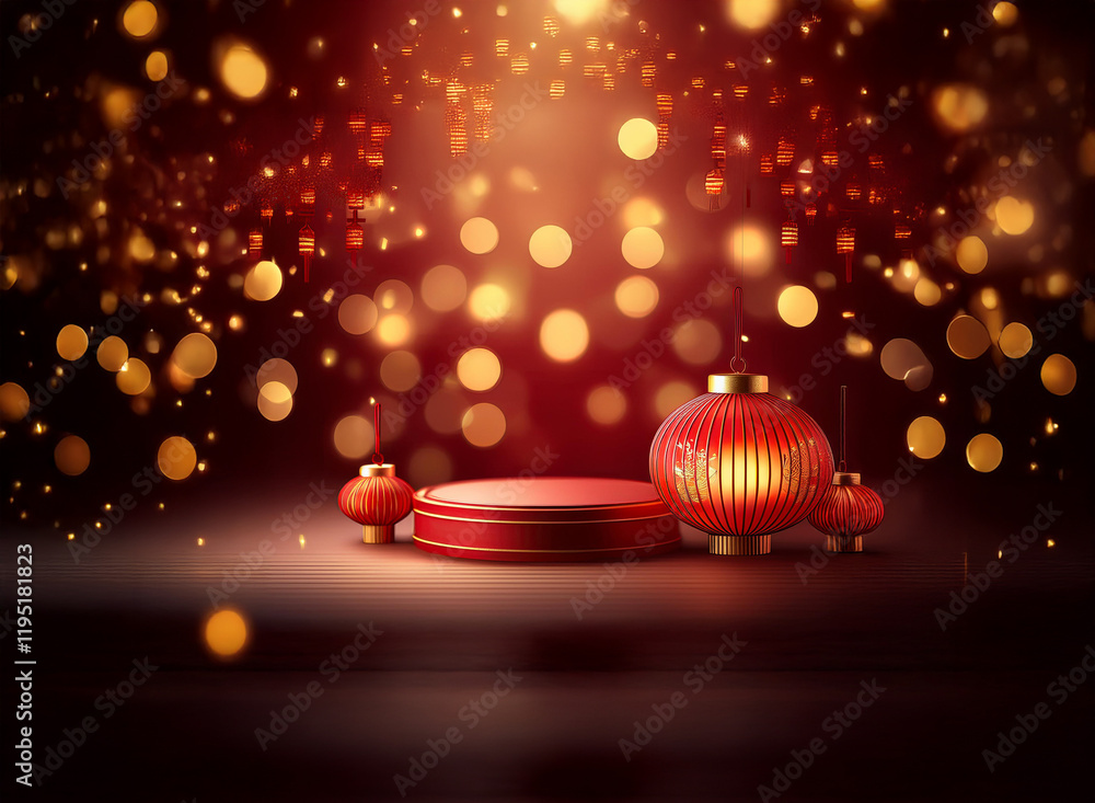 Aufkleber red cylindrical podium with illuminated chinese lanterns and bokeh lights, creating a festive and ce