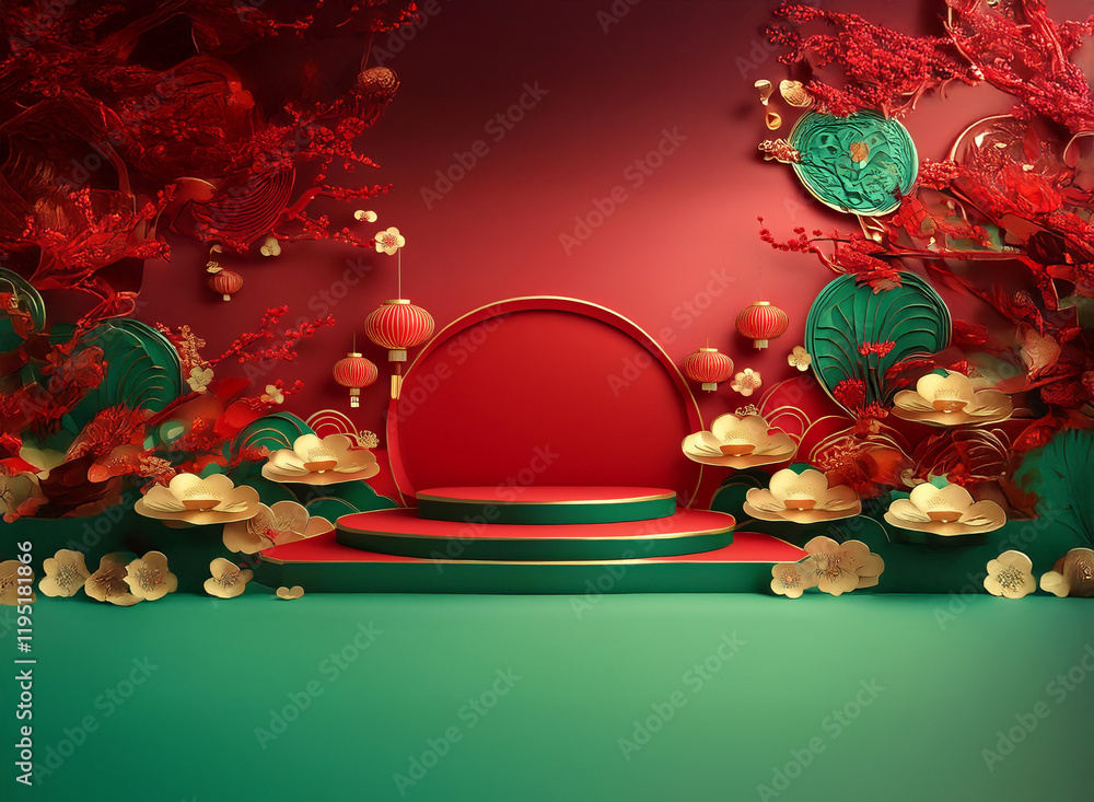 Poster a festive scene with a red and green tiered display platform, adorned with ornate gold and red chine