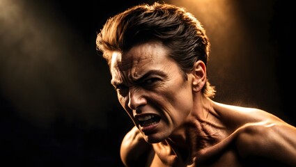 a highly detailed and hyper-realistic cinematic photograph of a dynamic portrait showcasing a person with a prominent, angular jawline, deeply furrowed eyebrows, and an uncompromising, piercing glare,