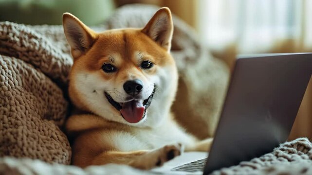 funny shiba inu dog sitting on the sofa and watching memes or funny videos on the modern laptop at home