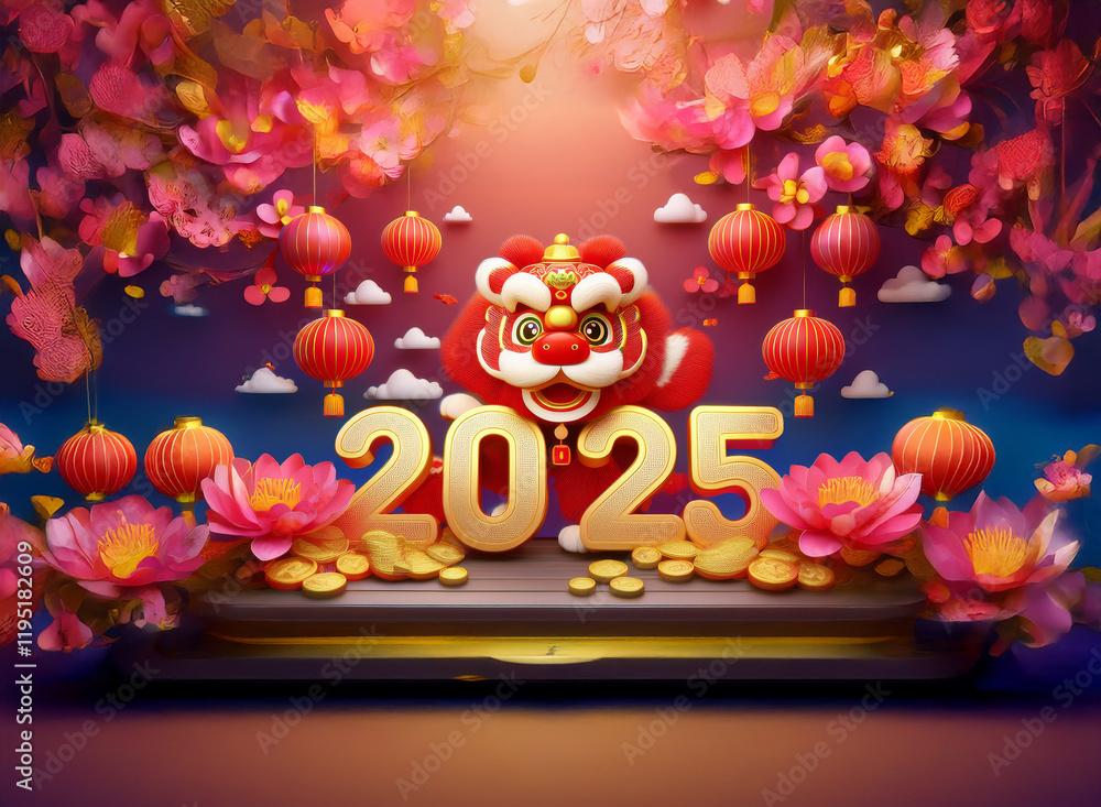 Poster a vibrant 3d rendering of the year 2025, celebrated with a cheerful lion dance and blooming flowers.