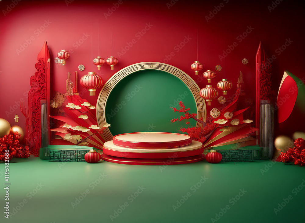 Poster elegant festive scene with red and green tones. features a circular podium, ornate lanterns, and aus