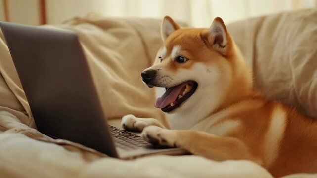 funny shiba inu dog sitting on the sofa and watching memes on the modern laptop at home