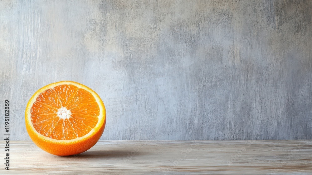 Wall mural A Vibrant Orange Half Against a Textured Gray Background on a Wooden Surface