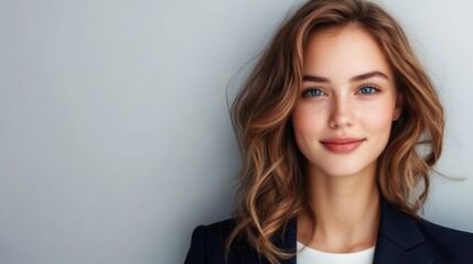 Smiling young woman with wavy hair in a suit jacket posing against gray background