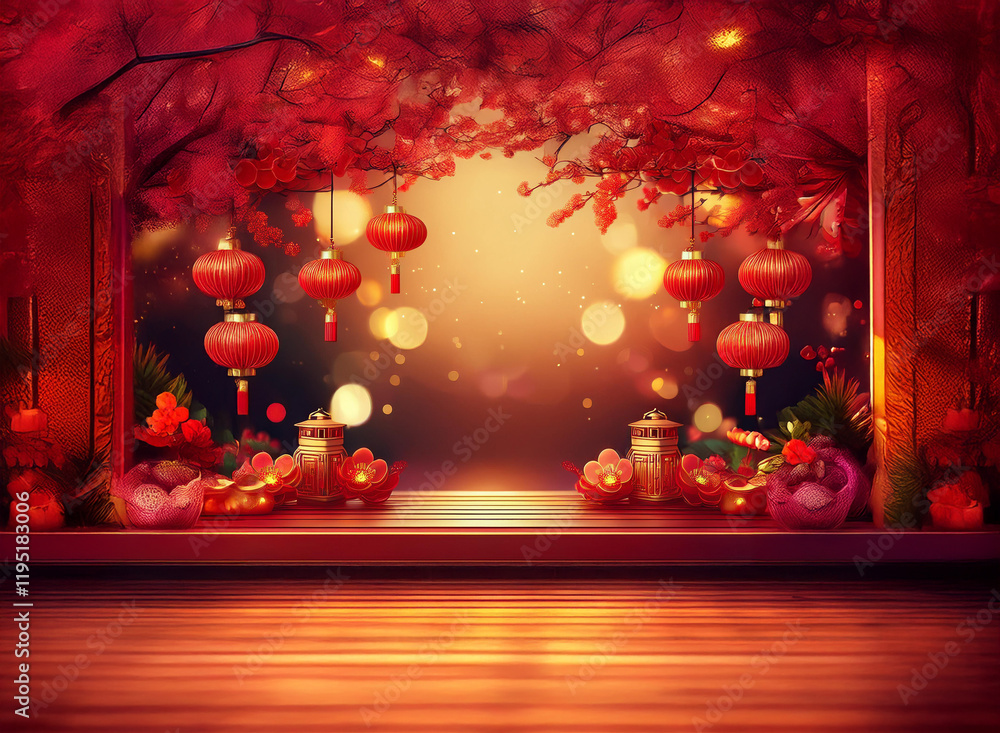Poster red lanterns illuminate a festive scene, glowing amidst blossoming branches and ornate architecture.