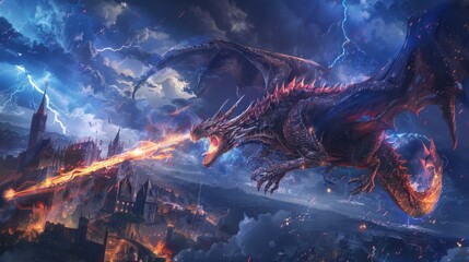 Majestic Dragon Breathing Fire Over a Fantasy Castle