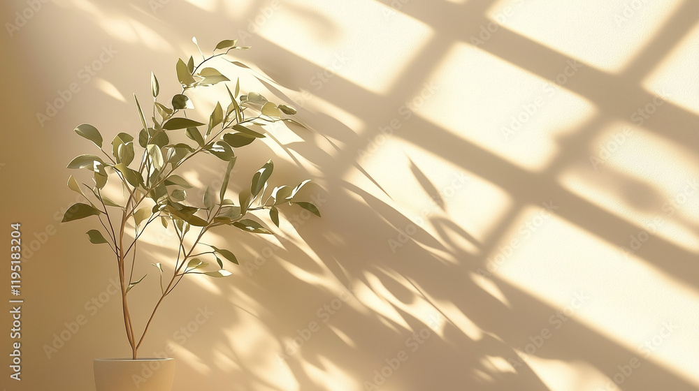 Poster minimalistic concept of a green plant in front of a beige wall with sunlight streaming through a win