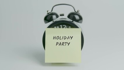 Holiday Party Text or Word on Yellow Note Paper Sticking onto Black Alarm Clock on White Background With Sound