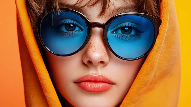 Stylish young woman wearing sunglasses and an orange hoodie against a vibrant backdrop.