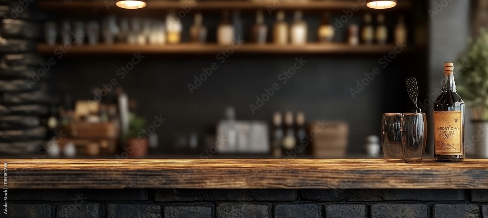 Poster empty rustic bar countertop with blurry bottles and warm lighting, background for mockups