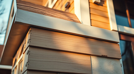 Obraz premium Captivating Close-up: Warm Wooden Facade of a Modern Home. Exquisite Architectural Details, Sunlight Illuminating the Textured Surface. Real Estate, Property, and Home Design Inspiration.