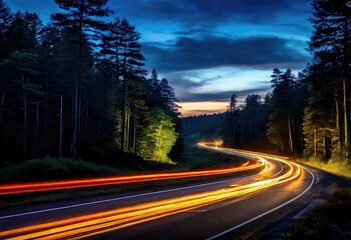 There is a winding road that passes through a dense forest at night