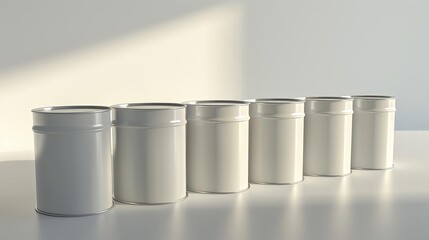 A series of six white cylindrical containers arranged in a line on a surface with soft lighting.