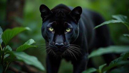 Dangerous black panther animal, green leaves, green eyes, jungle, portrait, hyper realistic, professional documental photography, diffused pale light
