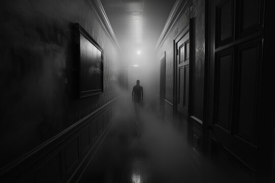 A shadowy figure emerges in a foggy hallway, creating an eerie and suspenseful atmosphere.