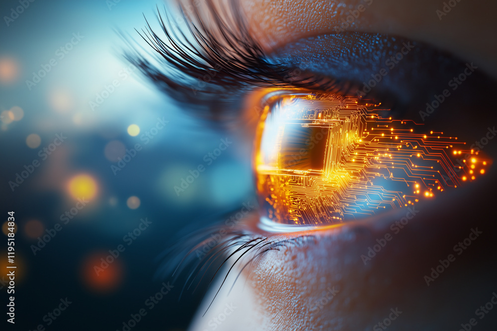 Poster close up of eye featuring glowing circuit patterns, symbolizing technology and innovation. intricate
