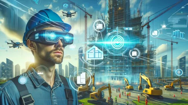 Close-up of a construction worker wearing an AR headset, overseeing a futuristic construction site with drones and machinery