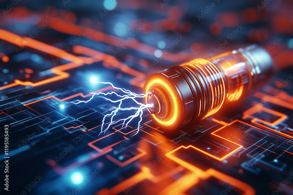 Poster futuristic battery with electric sparks on digital circuit background, showcasing advanced technolog