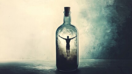 A person trapped inside a bottle symbolizes the struggle of alcohol dependency.