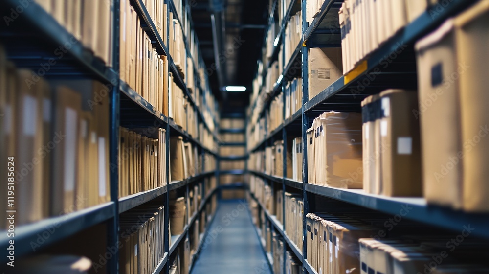 Poster shelves of archive boxes symbolize structured data storage and governance.