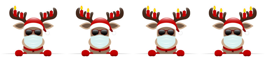 Banner Rentier Maske Mit Sonnenbrille Und Verschiedenen Adventskerzen Dunkelrot