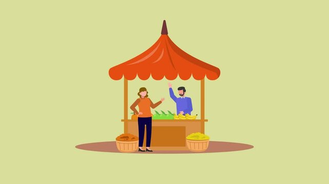 Animated video Outdoor street market concept. Full length animation illustration. High quality 4k footage.